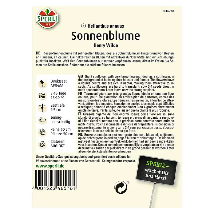 Sperli Blumensamen Sonnenblume - Henry Wilde, Helianthus annuus, Blütezeit: August - Rückansicht