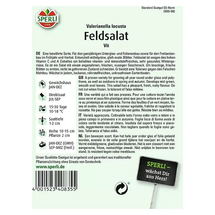 Sperli Salatsamen Feldsalat - Vit - Maxi Pack, Valerianella locusta, Erntezeit: Ganzjährig - Rückansicht