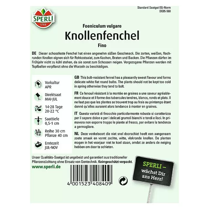 Sperli Gemüsesamen Knollenfenchel - Foeniculum vulgare var. azoricum, Erntezeit: Juli - Rückansicht