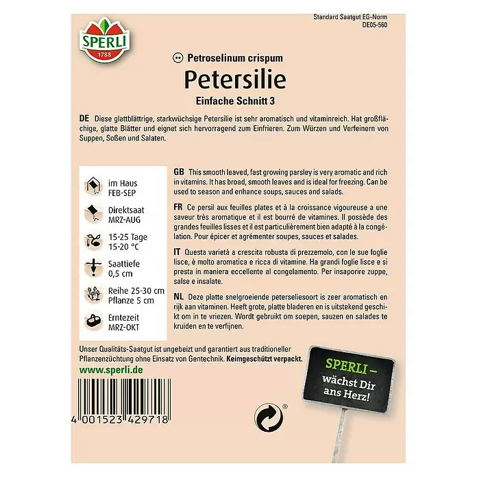 Sperli Kräutersamen Petersilie - Einfache Schnitt 3, Petroselinum crispum, Saatzeit: März, Erntezeit: März - Rückansicht