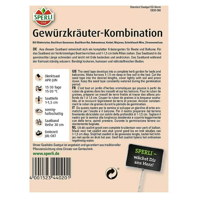 Sperli Kräutersamen Gewürzkräuter-Kombination - Verschiedene Sorten, Saatzeit: April, Erntezeit: Juli - Rückansicht