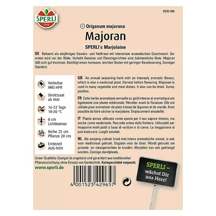 Sperli Kräutersamen Majoran - Origanum onites, Saatzeit: Mai, Erntezeit: August - Rückansicht