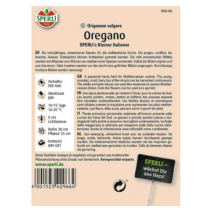 Sperli Kräutersamen Oregano Kleiner Italiener - Origanum vulgare, Saatzeit: Juni, Erntezeit: Juni - Rückansicht