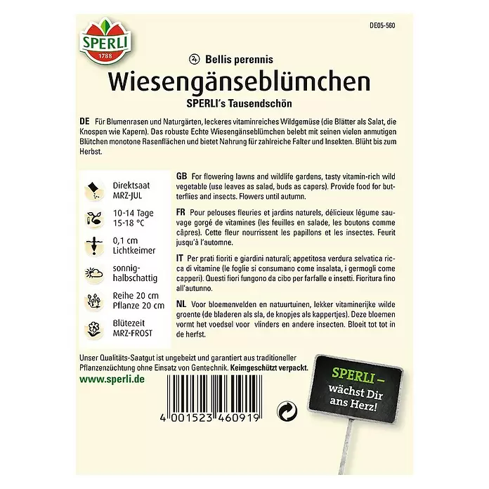 Sperli Blumensamen Wiesengänseblümchen - Bellis perennis, Blütezeit: März - Rückansicht