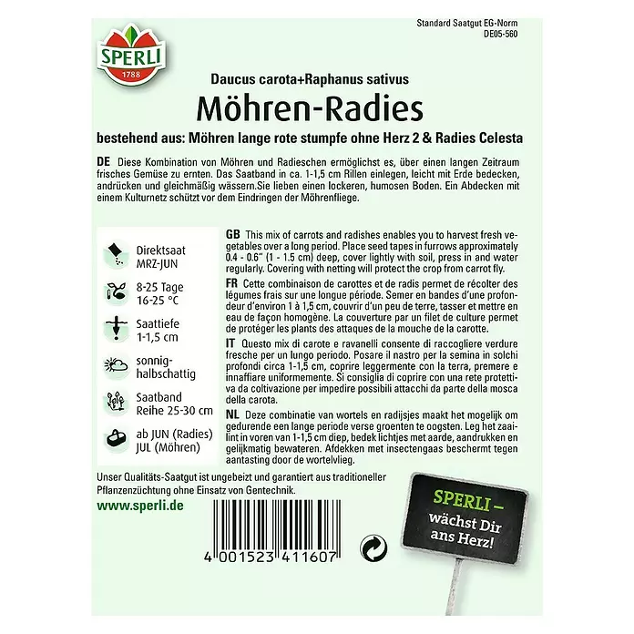 Sperli Gemüsesamen Möhren-Radies - Möhren-Radies-Kombination, Daucus carota, Erntezeit: Juni - Rückansicht