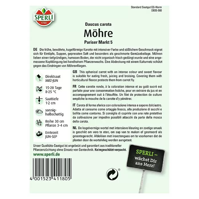 Sperli Gemüsesamen Möhre - Pariser Markt 5, Daucus carota, Erntezeit: Juni - Rückansicht
