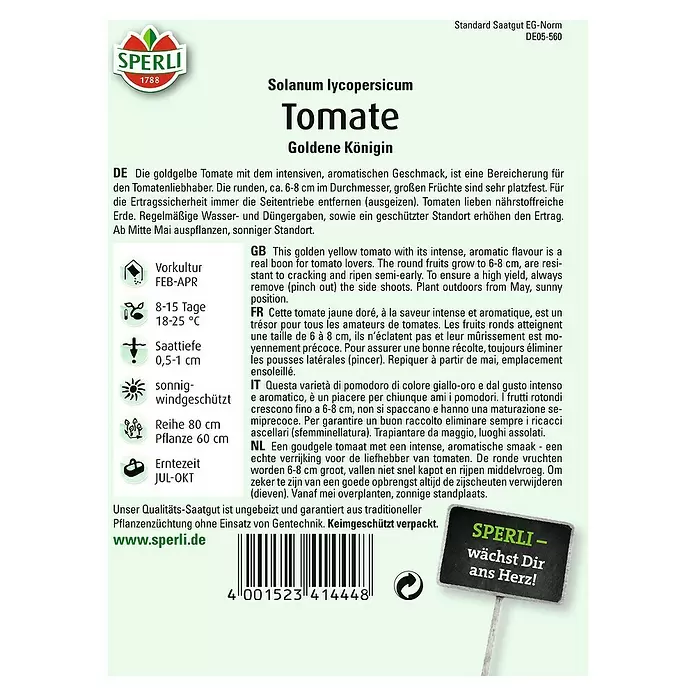 Sperli Gemüsesamen Tomate - Goldene Königin, Solanum lycopersicum, Erntezeit: Juli - Rückansicht