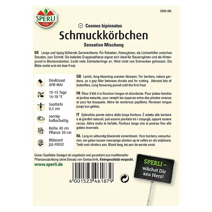 Sperli Blumensamen Schmuckkörbchen - Sensations Mischung, Cosmos bipinnatus, Blütezeit: Juli - Rückansicht