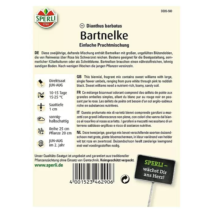 Sperli Blumensamen Bartnelke Prachtmischung - Dianthus barbatus, Blütezeit: Juli - Rückansicht