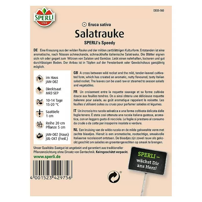 Sperli Salatsamen Salatrauke Speedy - Eruca sativa, Erntezeit: Ganzjährig - Rückansicht