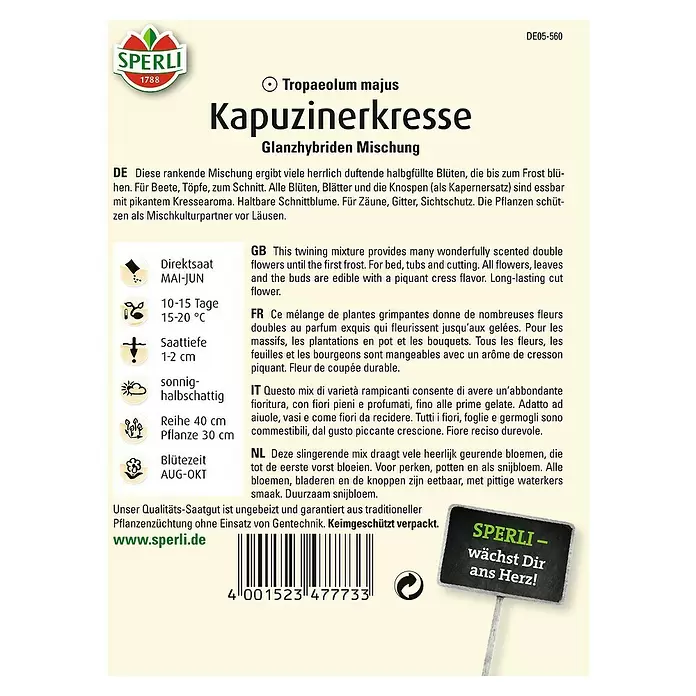 Sperli Kräutersamen Kapuzinerkresse - Glanzhybriden, Tropaeolum minus, Saatzeit: Mai - Rückansicht