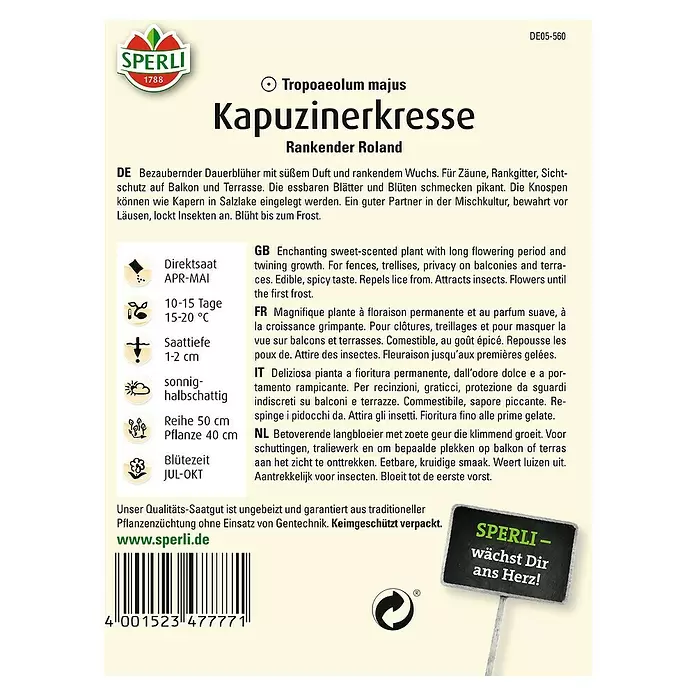 Sperli Kräutersamen Kapuzinerkresse - Roland, Tropaeolum minus, Saatzeit: April - Rückansicht