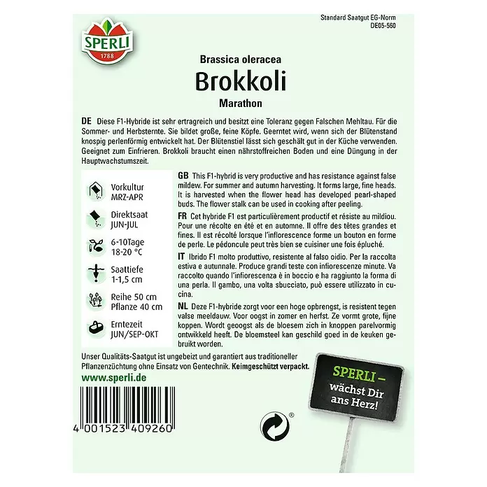 Sperli Gemüsesamen Brokkoli - Brassica oleracea, Erntezeit: Juni - Rückansicht