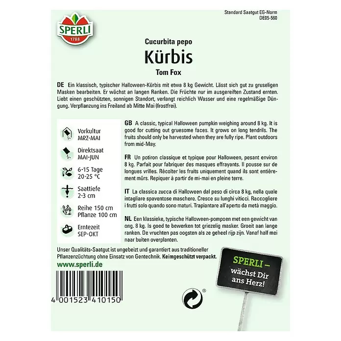 Sperli Gemüsesamen Kürbis - Tom Fox, Cucurbita pepo, Erntezeit: September - Rückansicht