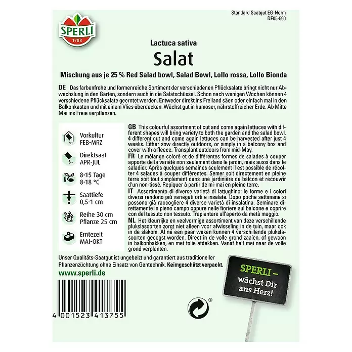 Sperli Salatsamen Pflücksalat - Fitness Mix, Lactuca sativa, Erntezeit: Mai - Rückansicht