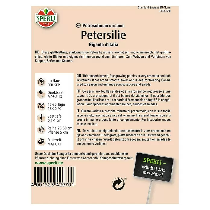 Sperli Kräutersamen Petersilie - Gigante d'Italia, Petroselinum crispum, Saatzeit: März, Erntezeit: Mai - Rückansicht