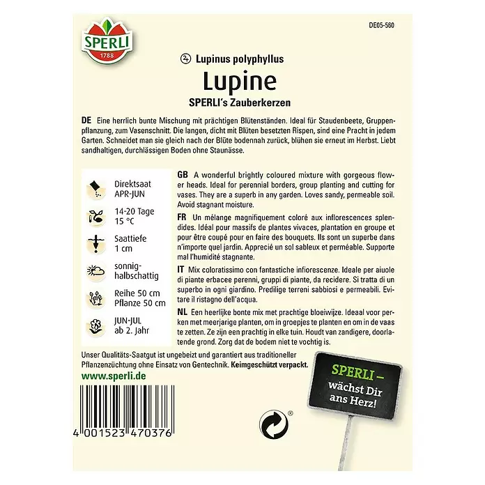 Sperli Blumensamen Lupine - Lupinus polyphyllus, Blütezeit: Juni - Rückansicht