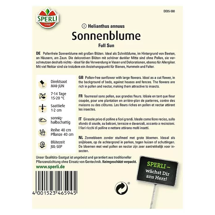 Sperli Blumensamen Sonnenblume - Full Sun, Helianthus annuus, Blütezeit: Juli - Rückansicht