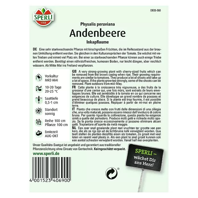 Sperli Obstsamen Andenbeere - Physalis peruviana, Erntezeit: August - Rückansicht