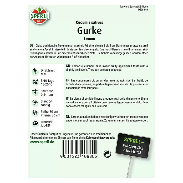 Sperli Gemüsesamen Zitronengurke - Lemon, Cucumis sativus, Erntezeit: Juli - Rückansicht