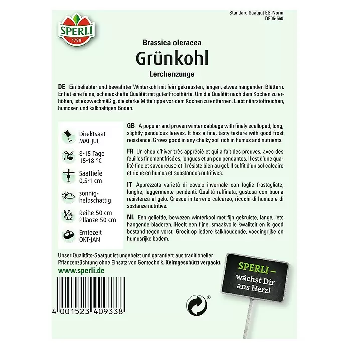 Sperli Gemüsesamen Grünkohl - Brassica oleracea, Erntezeit: Januar - Rückansicht