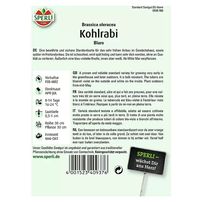 Sperli Gemüsesamen Kohlrabi - Blaro, Brassica oleracea, Erntezeit: Mai - Rückansicht