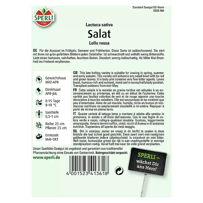 Sperli Salatsamen Pflücksalat - Lollo Rossa, Lactuca sativa, Erntezeit: Mai - Rückansicht