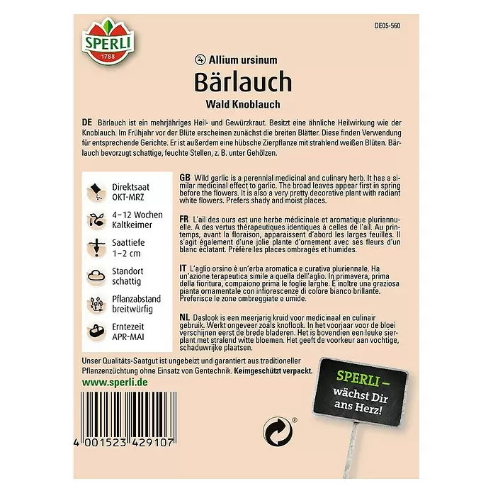 Sperli Gemüsesamen Bärlauch - Allium ursinum, Erntezeit: April - Rückansicht