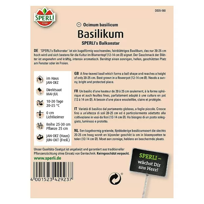 Sperli Kräutersamen Basilikum - Balkonstar, Ocimum basilicum, Saatzeit: Mai, Erntezeit: Ganzjährig - Rückansicht