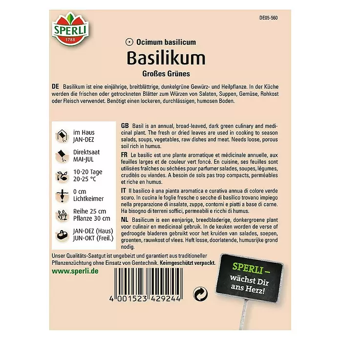 Sperli Kräutersamen Basilikum - Großes Grünes, Ocimum basilicum, Saatzeit: Mai, Erntezeit: Ganzjährig - Rückansicht