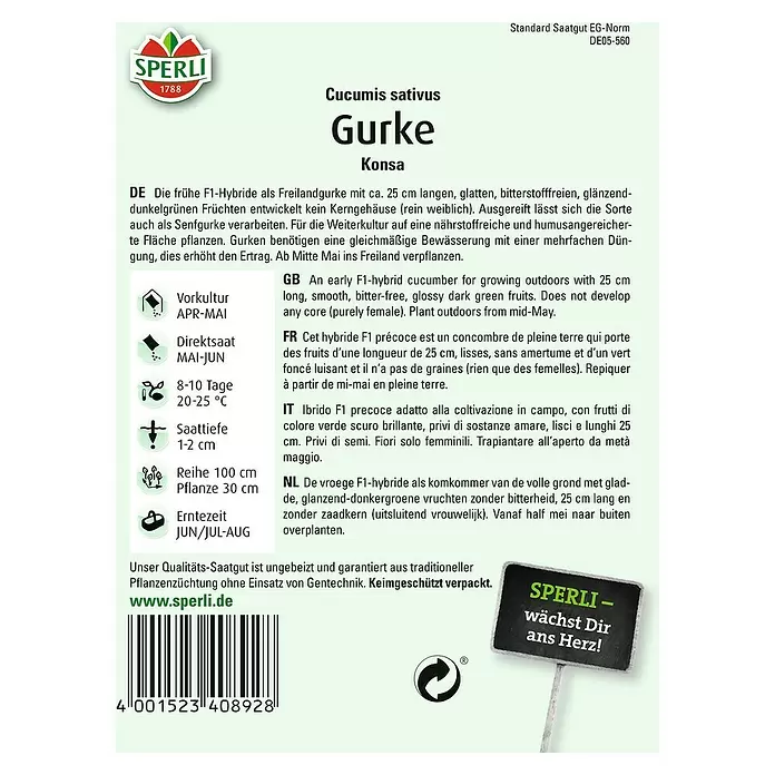 Sperli Gemüsesamen Salatgurke - Konsa, Cucumis sativus, Erntezeit: Juni - Rückansicht