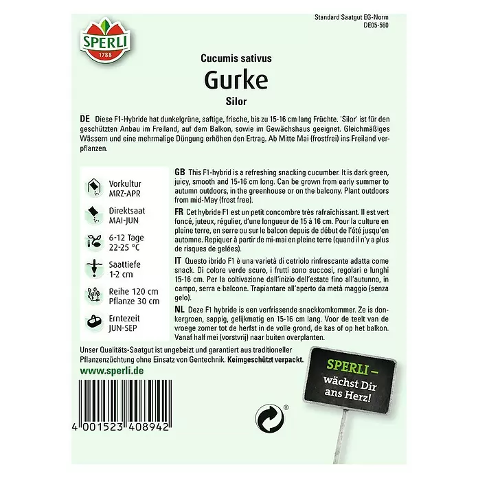 Sperli Gemüsesamen Salatgurke - Silor, Cucumis sativus, Erntezeit: Juni - Rückansicht