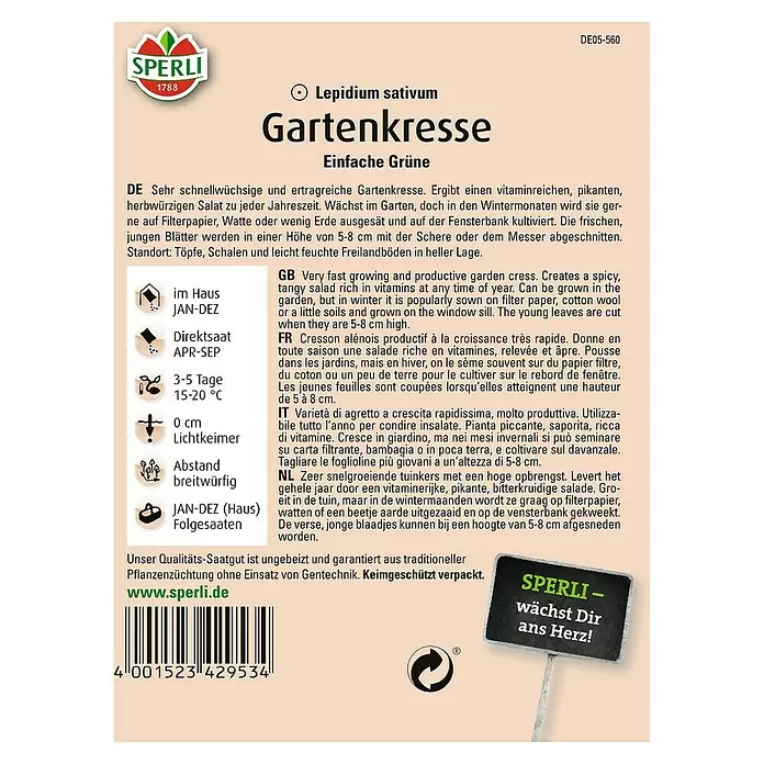Sperli Kräutersamen Gartenkresse - Einfache Grüne, Lepidium sativum, Saatzeit: April, Erntezeit: Ganzjährig - Rückansicht