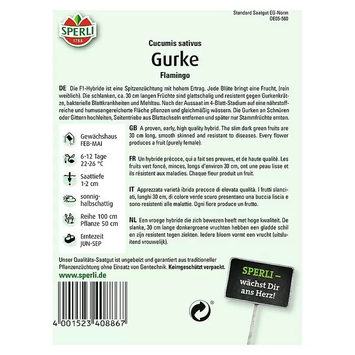 Sperli Gemüsesamen Salatgurke - Flamingo, Cucumis sativus, Erntezeit: Juni - Rückansicht