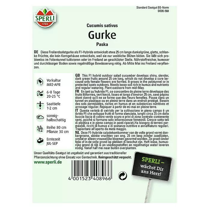 Sperli Gemüsesamen Salatgurke - Paska, Cucumis sativus, Erntezeit: Juli - Rückansicht