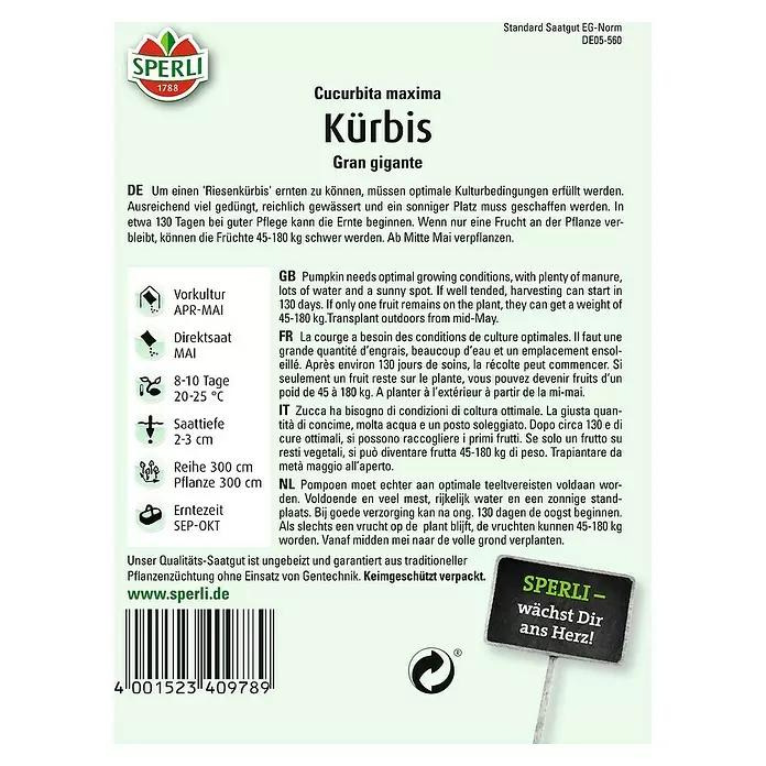 Sperli Gemüsesamen Riesenkürbis - Gran Gigante, Cucurbita maxima, Erntezeit: September - Rückansicht
