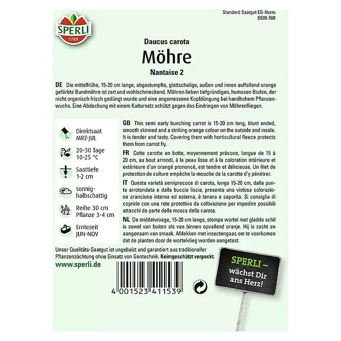 Sperli Gemüsesamen Möhre - Nantaise 2, Daucus carota, Erntezeit: Juni - Rückansicht