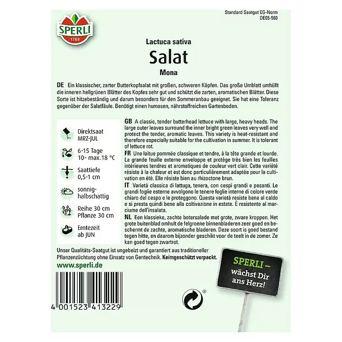 Sperli Salatsamen Kopfsalat - Mona, Lactuca sativa, Erntezeit: Juni - Rückansicht