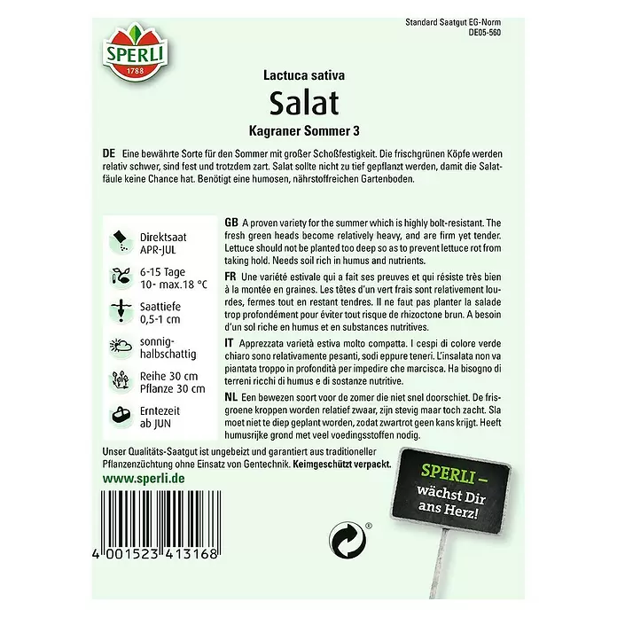 Sperli Salatsamen Kopfsalat - Kagraner Sommer 3, Lactuca sativa, Erntezeit: Juni - Rückansicht