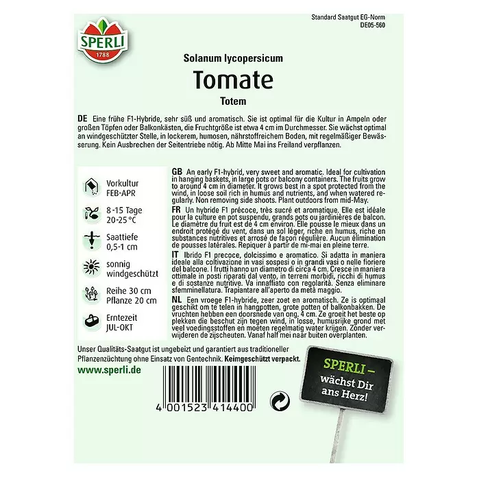 Sperli Gemüsesamen Tomate - Totem, Solanum lycopersicum, Erntezeit: Juli - Rückansicht