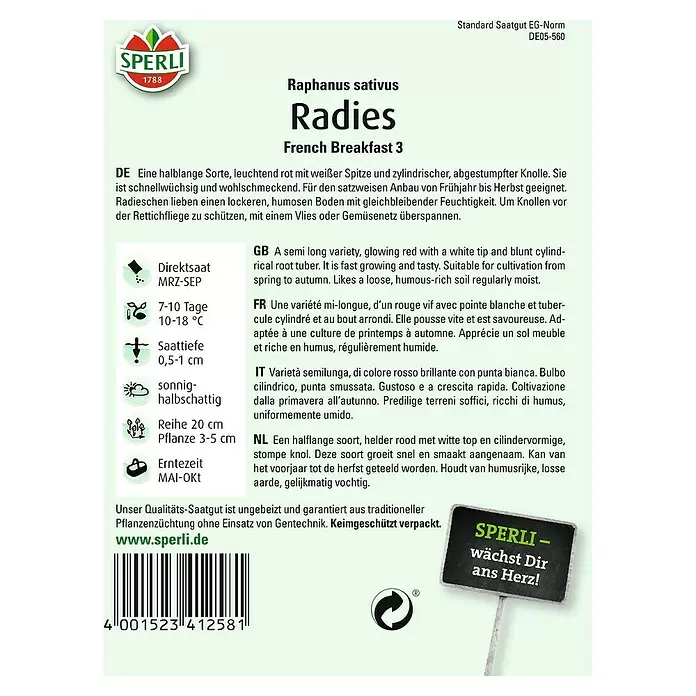 Sperli Gemüsesamen Radies - French Breakfast 3, Raphanus sativus, Erntezeit: Mai - Rückansicht