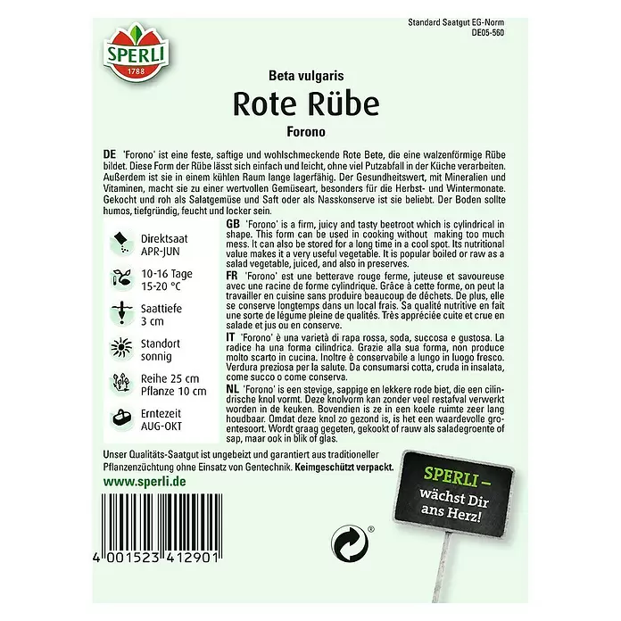 Sperli Gemüsesamen Rote Rübe - Forono, Beta vulgaris, Erntezeit: August - Rückansicht