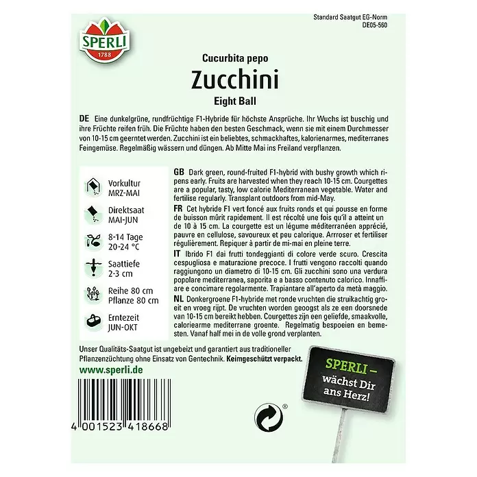 Sperli Gemüsesamen Zucchini - Eight Ball, Cucurbita pepo, Erntezeit: Juni - Rückansicht