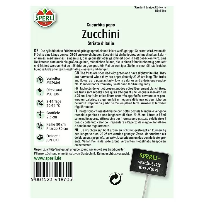 Sperli Gemüsesamen Zucchini - Striato, Cucurbita pepo, Erntezeit: Juni - Rückansicht