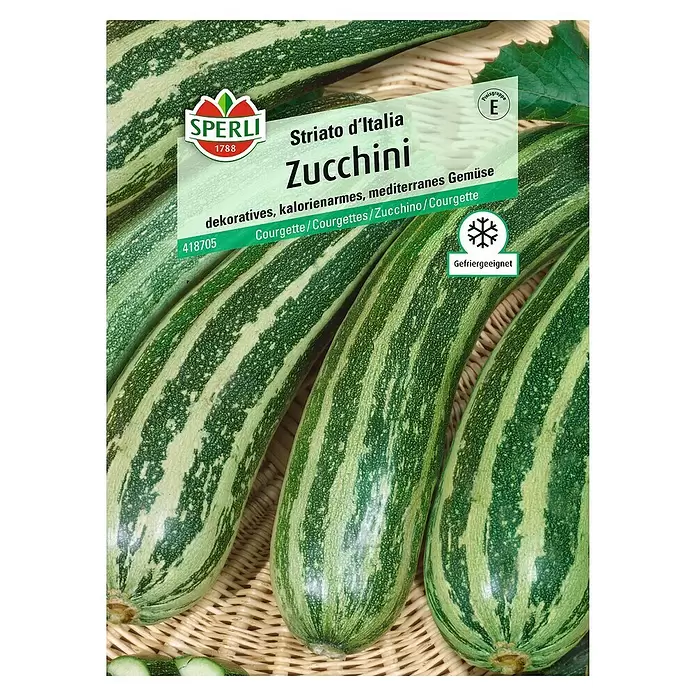 Sperli Gemüsesamen Zucchini - Striato, Cucurbita pepo, Erntezeit: Juni - Vorderansicht