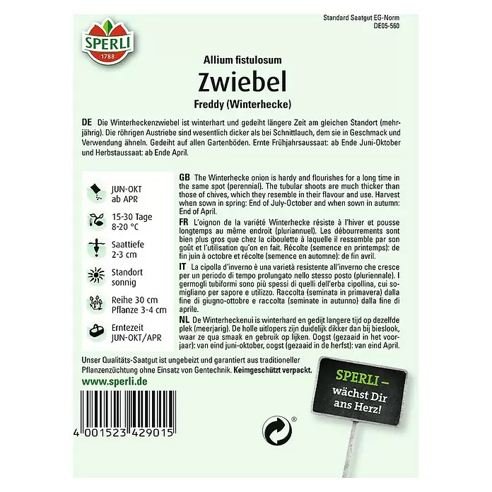 Sperli Gemüsesamen Zwiebel - Allium fistulosum, Erntezeit: April - Rückansicht