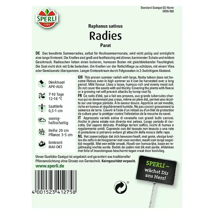 Sperli Gemüsesamen Radies - Parat, Raphanus sativus, Erntezeit: Mai - Rückansicht