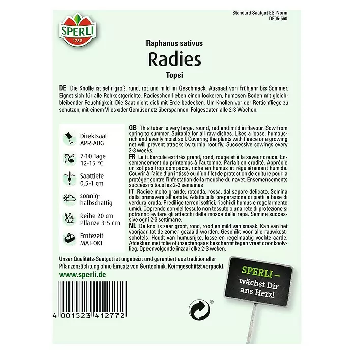 Sperli Gemüsesamen Radies - Topsi, Raphanus sativus, Erntezeit: Mai - Rückansicht