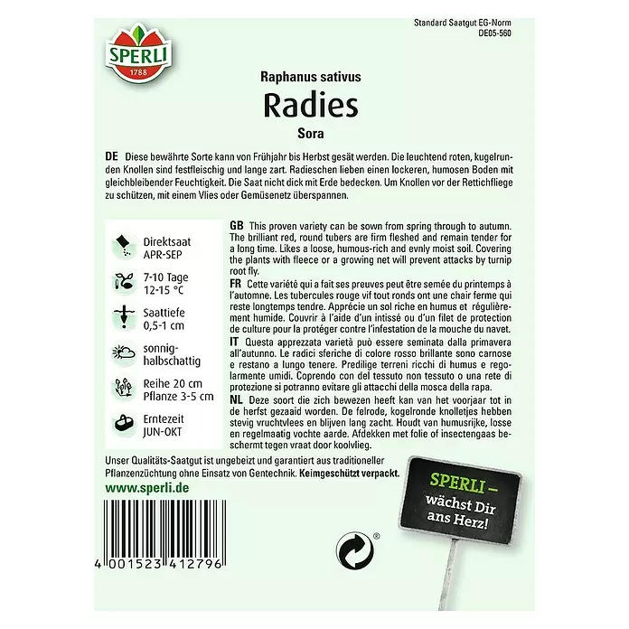 Sperli Gemüsesamen Radies - Sora, Raphanus sativus, Erntezeit: Juni - Rückansicht
