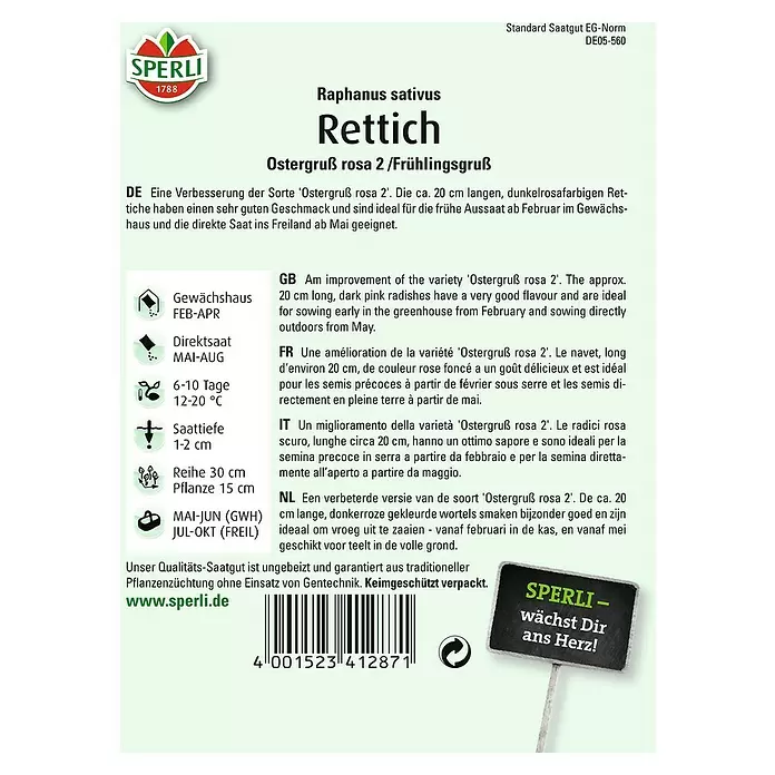 Sperli Gemüsesamen Rettich - Ostergruß rosa 2, Raphanus sativus, Erntezeit: Mai - Rückansicht